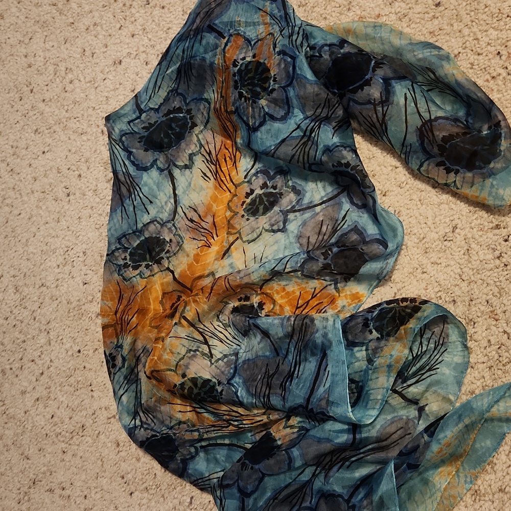 Janie Besner Blue Floral Design Scarf 100% Silk